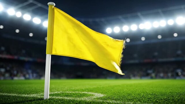 Torn yellow flag waving on a white post in a green soccer field with white lines under bright stadium lights at night.