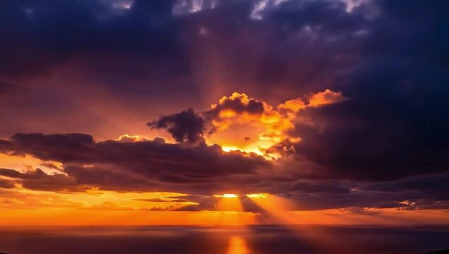 Majestic crepuscular rays pierce through dramatic dark storm clouds during a vibrant tropical ocean sunset creating an awe inspiring natural light display over water.