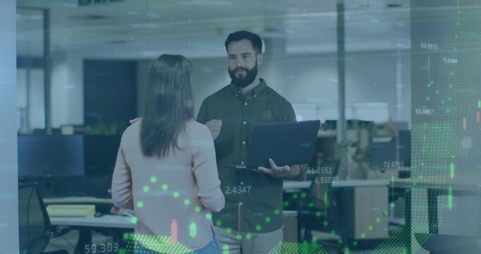 Animation of glitch technique, graphs over coworkers discussing over laptop in office