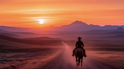 Naklejka premium Lone cowboy rides his horse down dusty western road, silhouetted against spectacular sunset painting sky with fiery oranges and pinks, as majestic mountains rise in distance.