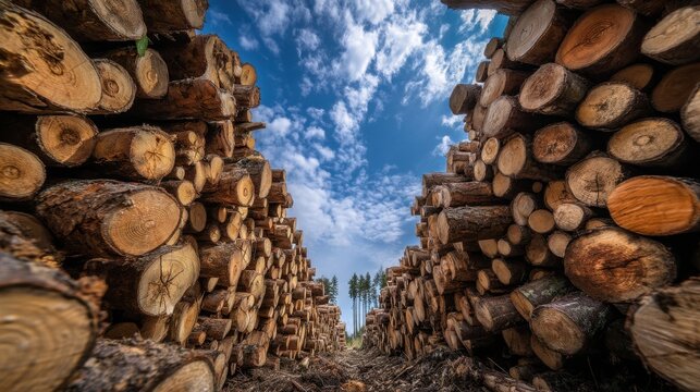 Scenic View of Stacked Logs Between Two Rows Under Bright Blue Sky with Fluffy Clouds and Green Trees in Background at a Timber Yard