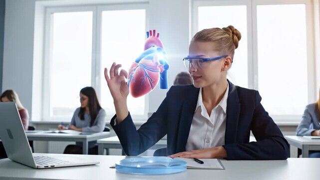 Student uses augmented reality to interact with a 3D model of a human heart in a classroom