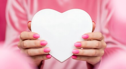 Woman holding a white heart shape with pink nails and pink clothing.