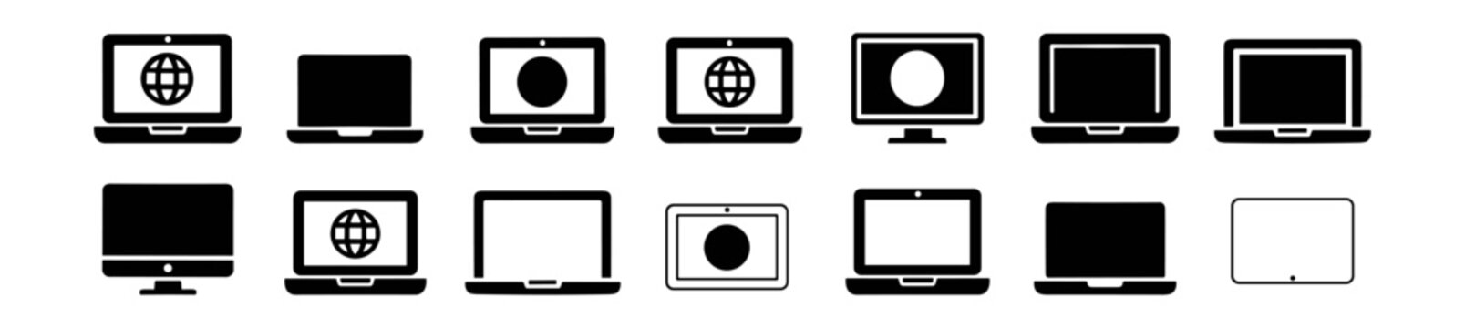 Technology computer and laptop icon set, monitor screen device vector silhouettes and outlines isolated on transparent background