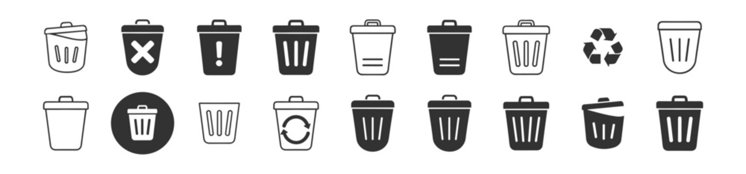 Trash and recycle bin icon collection, garbage waste delete symbols in solid and outline vector isolated on transparent background