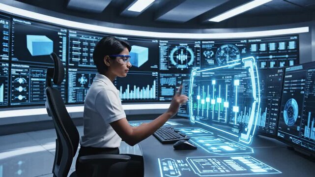 Woman working with futuristic holographic interface in a modern control room with multiple screens