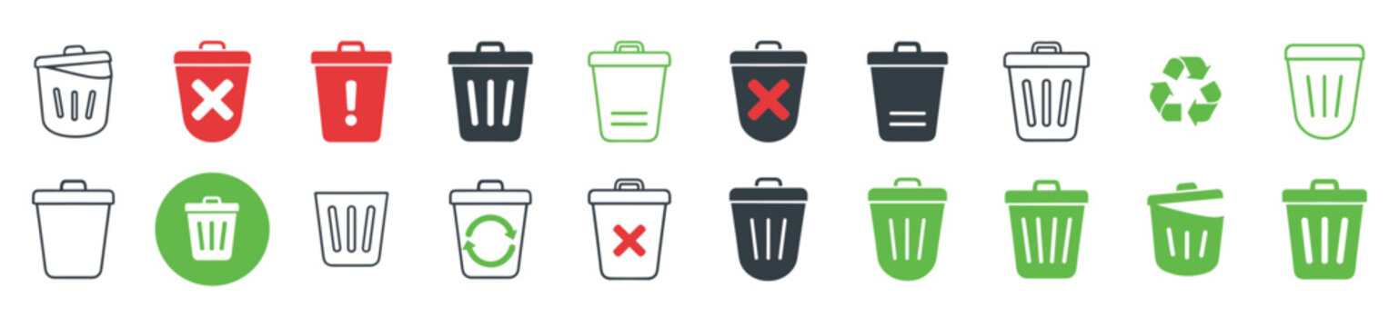 Trash bin and recycle icon pack, garbage waste delete disposal symbols in solid and outline vector isolated on transparent background