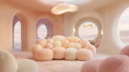 Soft peach-colored interior with rounded furniture and arched windows
