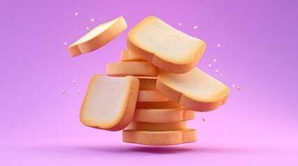 Fototapeta premium Floating slices of bread with light texture and soft crust against a vibrant purple background illustrating food and culinary themes