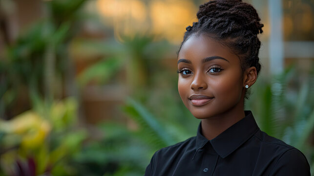 Stunning portrait of professional young Black woman, her hair styled in elegant updo, wearing sophisticated black collared shirt and diamond stud earrings, smiling gently with warm, confident expressi