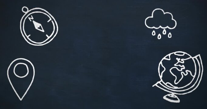 Animation of mathematical equations with school icons on blue background