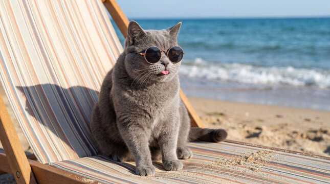 Funny grey british cat wearing round black sunglasses sitting on a wooden deckchair and showing tongue on a sunny sandy beach.