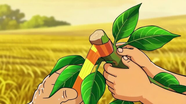 Grafting animation showing hands connecting plant stem and graft tape,agriculture in field background,cartoon style
