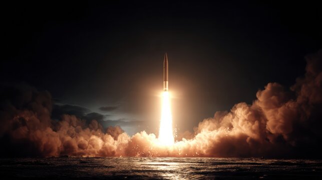 Intercontinental Ballistic Missile Launching at Night With Fire and Smoke Filling the Dark Sky
