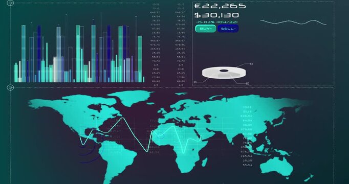 Animation of stock market data processing over world map against purple gradient background
