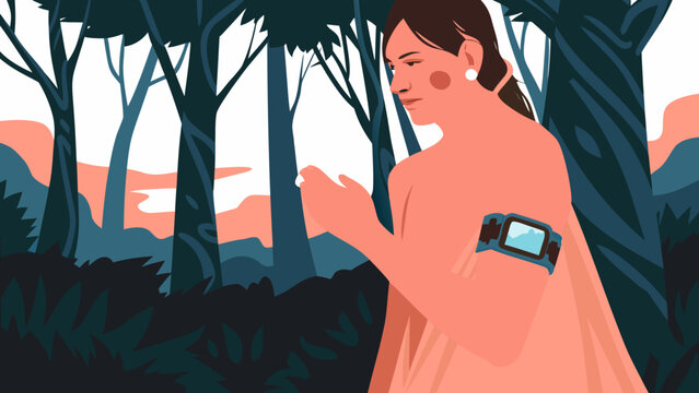 Young indigenous person using wearable technology in the middle of the forest, connected to nature and innovation.