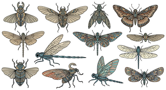 Collection of vintage styled insects with intricate designs and patterns