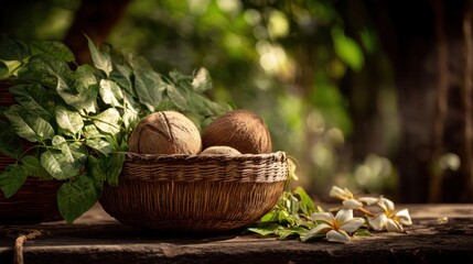Natural Still Life with Coconut Shells, Green Leaves, and White Flowers in a Rustic Basket Surrounded by Lush Nature