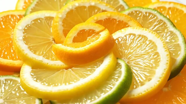 Close up of citrus fruits slices oranges lemons and limes display