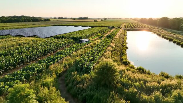 Expansive solar farm and agricultural fields with a serene pond at sunset