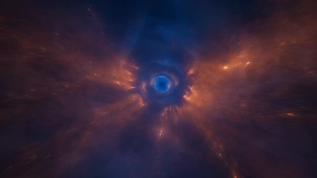 Abstract dark blue vortex with orange sparks in space, dynamic and intriguing