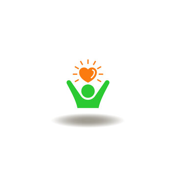 Vector illustration of man or person with hands up and shining heart. Symbol of wellness.