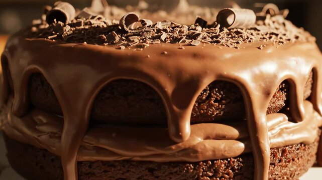 Delicious chocolate cake with dripping icing and crumbs on a white pedestal