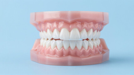 Fototapeta premium Set of dentures on a blue background, showing a full set of artificial teeth for dental health