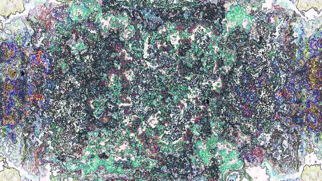 A pale central void is surrounded by dense accumulations of multicolored texture, as if pigment and signal have gathered around intentional absence. The contrast suggests erosion, memory, and the rema