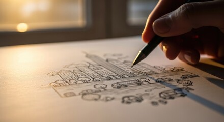 Naklejka premium Architectural Sketch - Hand Drawing a Detailed Design.
