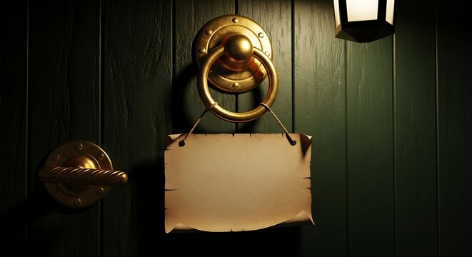 Old wooden door with brass knocker and blank sign.