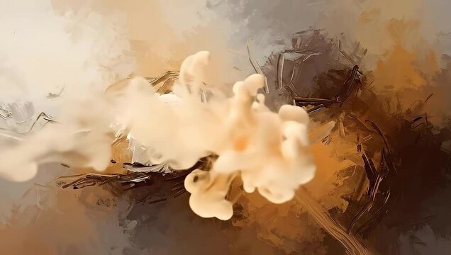 Abstract expressionist painting background featuring wispy ethereal smoke or vapor flowing through textured earthy tones suggesting movement and dramatic artistic chaos