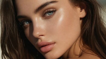 Naklejka premium Close-up portrait of young caucasian female with blue eyes and glossy skin.