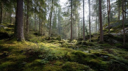 Fototapeta premium Serene Forest Landscape with Sunlight Filtering Through Trees and Lush Green Moss Covered Ground in Tranquil Nature Setting