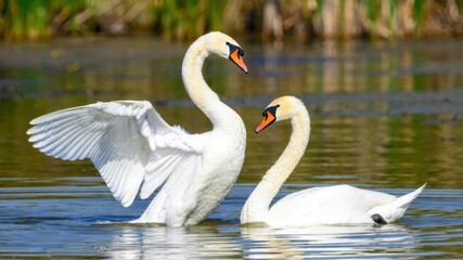 Naklejka premium Two graceful swans in serene lake displaying elegance and harmony.