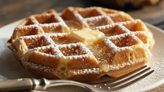 Close up of waffle with powdered sugar being sprinkled