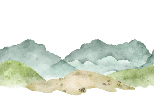 Watercolor layered hills and soft blue mountains with sandy foreground. Seamless landscape border for nursery mural, wallpaper strip, textile design, classroom decoration, safari themed interior.