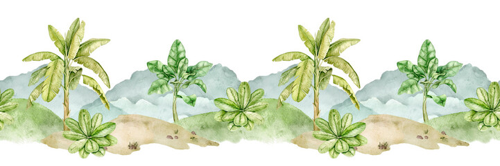 Watercolor jungle border with banana palm, broad tropical foliage and sandy ground. Safari landscape strip for nursery wallpaper, kids room mural, fabric print, textile panel, classroom decor. © Evgeniia