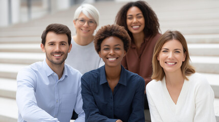 Obraz premium Diverse business team smiling relaxing on office stairs, workplace casual moment, professional informal interaction, multicultural team bonding, with copy space