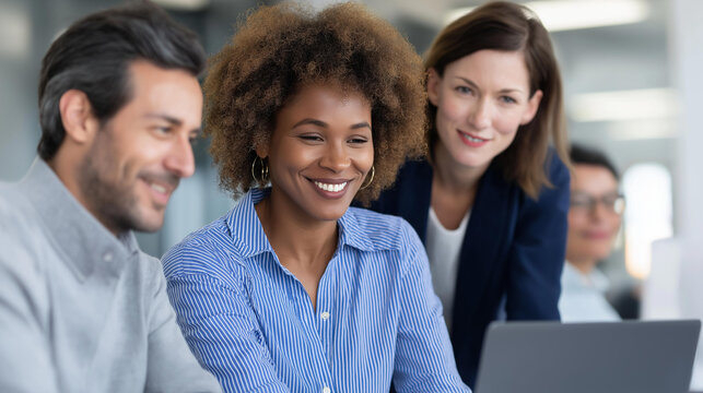 Team of diverse professionals collaborating happily around laptop, modern office multicultural teamwork, workplace technology cooperation, professional group activity, with copy