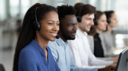 Obraz premium Diverse team of customer service representatives actively working at computer stations, bright modern office space client support environment, multicultural professional service,