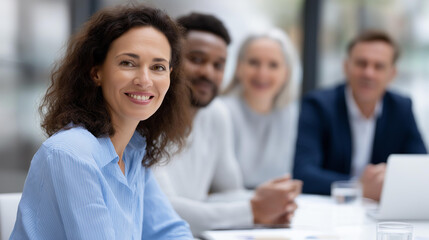 Fototapeta premium Business meeting with diverse team around conference table, modern office multicultural professional gathering, workplace strategic discussion, contemporary corporate environment,