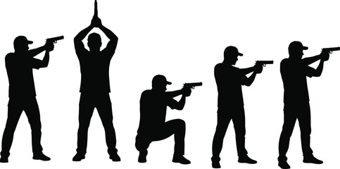 Black silhouette set of men aiming handguns, tactical shooting poses, pistol firing range, security training, military action, isolated on white, © Shihab Creative