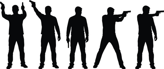 Black silhouette set of men aiming handguns, tactical shooting poses, pistol firing range, security training, military action, isolated on white, © Shihab Creative