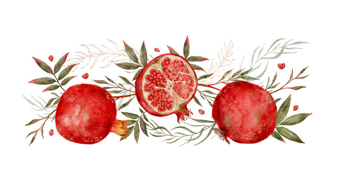 Beautiful watercolor illustration featuring ripe red pomegranates with lush green leaves and branches. Botanical composition