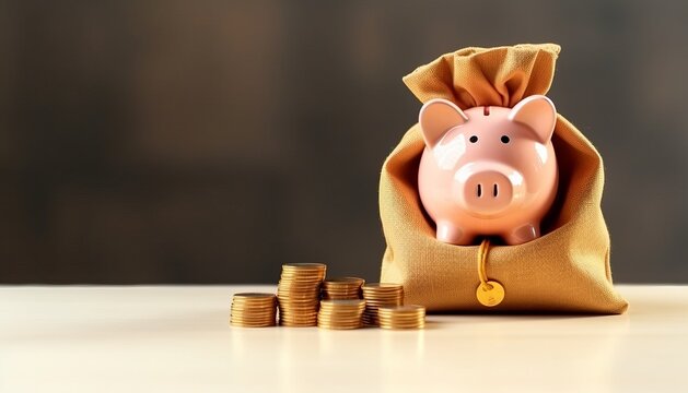 Piggy bank and bag with money and gold coins. The concept of a good investment or a good savings. Template Copy space for text 