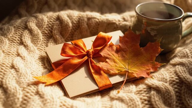 Cozy autumn scene featuring a thoughtful gift envelope tied with an orange ribbon next to a warm beverage.