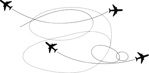 Vector illustration of black airplane silhouettes with dashed flight path lines showing complex travel routes and global aviation connectivity concepts.