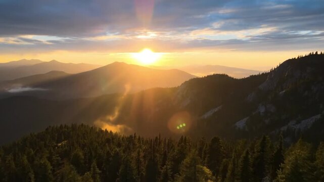 Golden Sunrise Over Misty Mountain Range &ndash; Cinematic 8K Aerial Drone Nature Landscape with Volumetric Light