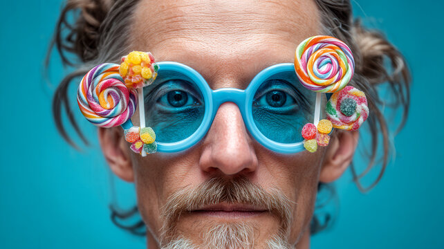 Man wearing decorative colorful glasses poses against bright background in creative portrait. Artistic eyewear and surreal styling highlight individuality and visual storytelling for modern branding 